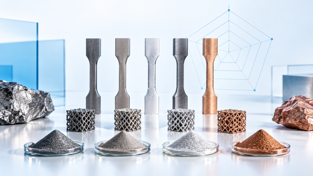Metal tozları, çekme deneyi numuneleri ve kafes yapılı metal parçalar; mavi-beyaz temalı malzeme karşılaştırma görseli.